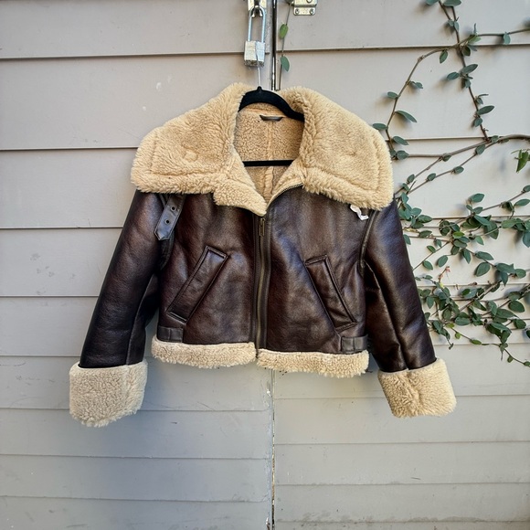 None Jackets & Blazers - Brown Faux Leather Drop Shoulder Jacket with Cream Shearling